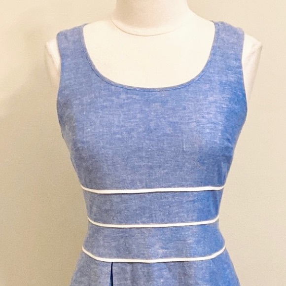 Ann Taylor Blue White Striped Textured Linen Blend Sleeveless Lined MIDI Dress 4 - Picture 2 of 15